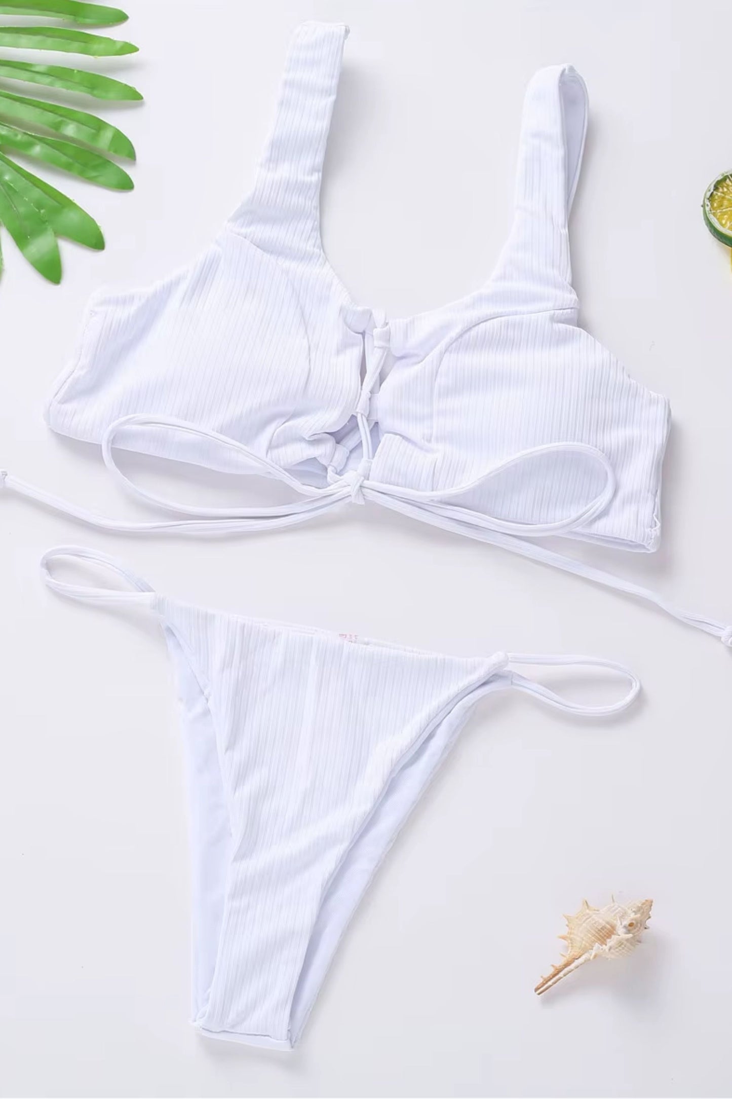 Women’s Swimwear – Summer Sexy White Bandage Ribbed Bikini 2-Piece Swimsuit