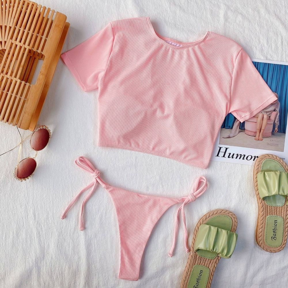Summer Sexy Hollow Out Ribbed Bikini Set – Women’s Two Piece Swimsuit with Thong Bottoms & Short Sleeve Top