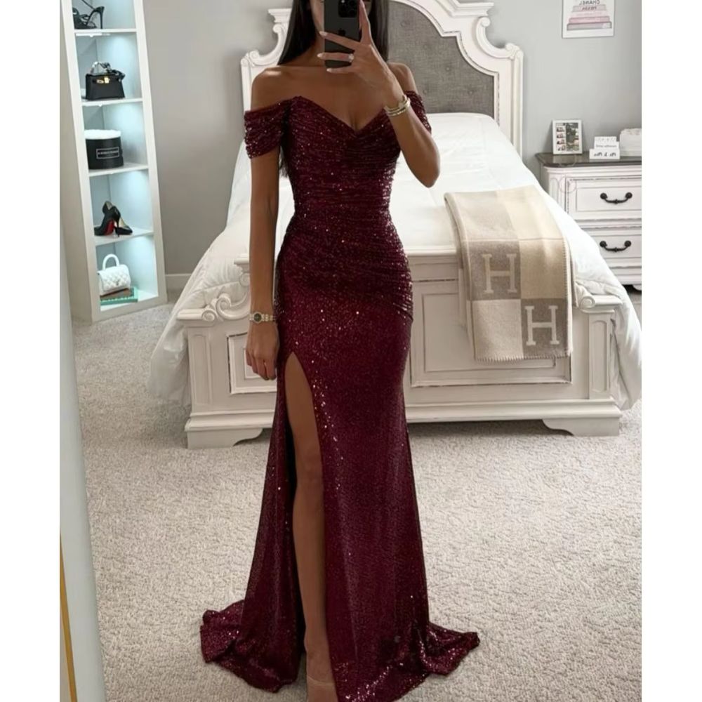 Elegant Sequined Slit Neck Maxi Evening Gown