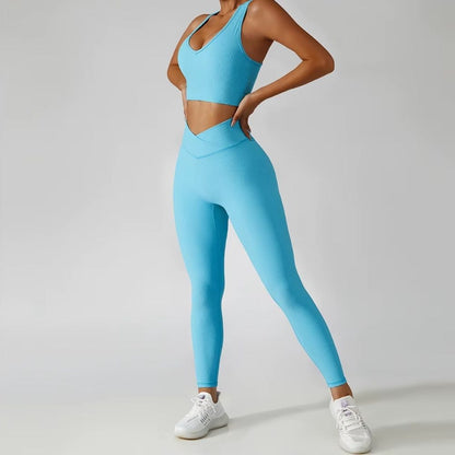 Ribbed Yoga Suit Women's Workout Gym Fitness Legging Sets - Activewear