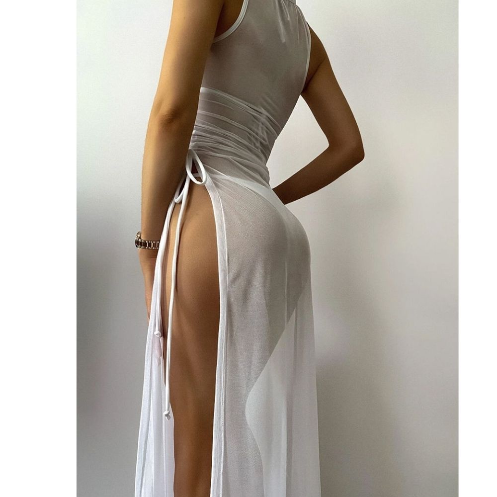 Sexy Women Mesh Swimwear – 3 Piece Bikini Set with High Leg Cut & Cover Up Dress