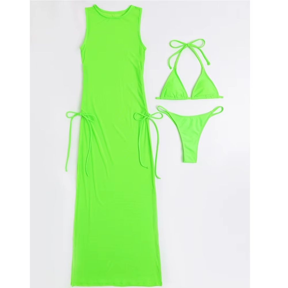 Sexy Women Mesh Swimwear – 3 Piece Bikini Set with High Leg Cut & Cover Up Dress