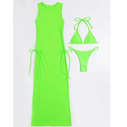Sexy Women Mesh Swimwear – 3 Piece Bikini Set with High Leg Cut & Cover Up Dress