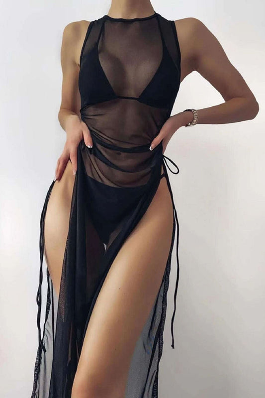 Sexy Women Mesh Swimwear – 3 Piece Bikini Set with High Leg Cut & Cover Up Dress