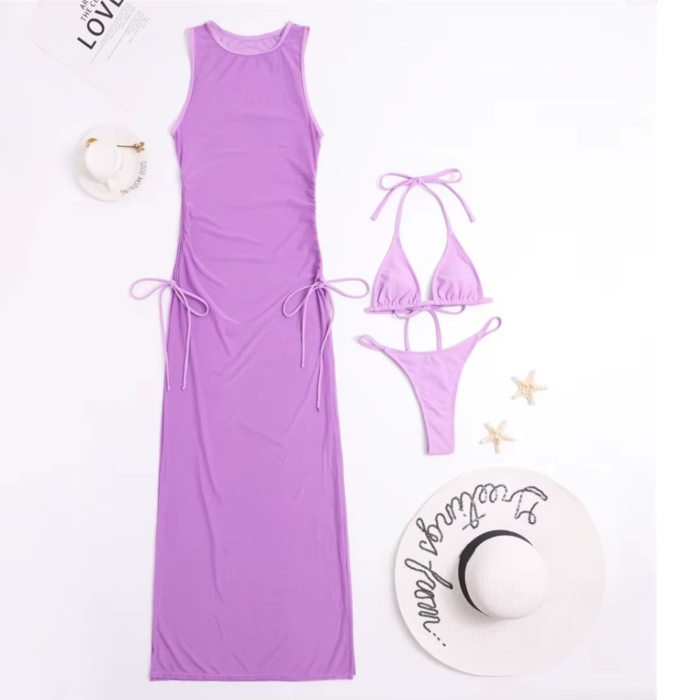 Sexy Women Mesh Swimwear – 3 Piece Bikini Set with High Leg Cut & Cover Up Dress