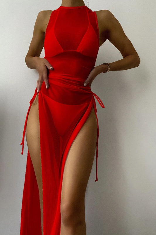 Sexy Women Mesh Swimwear – 3 Piece Bikini Set with High Leg Cut & Cover Up Dress