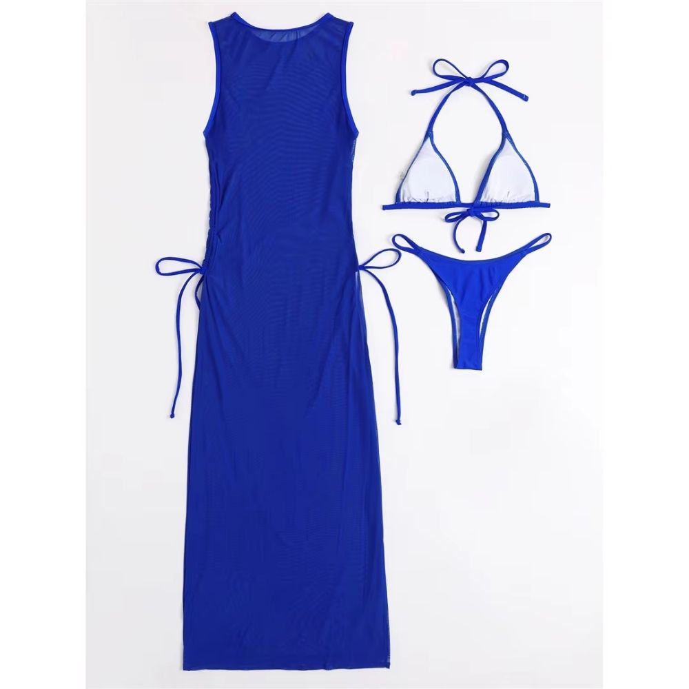 Sexy Women Mesh Swimwear – 3 Piece Bikini Set with High Leg Cut & Cover Up Dress