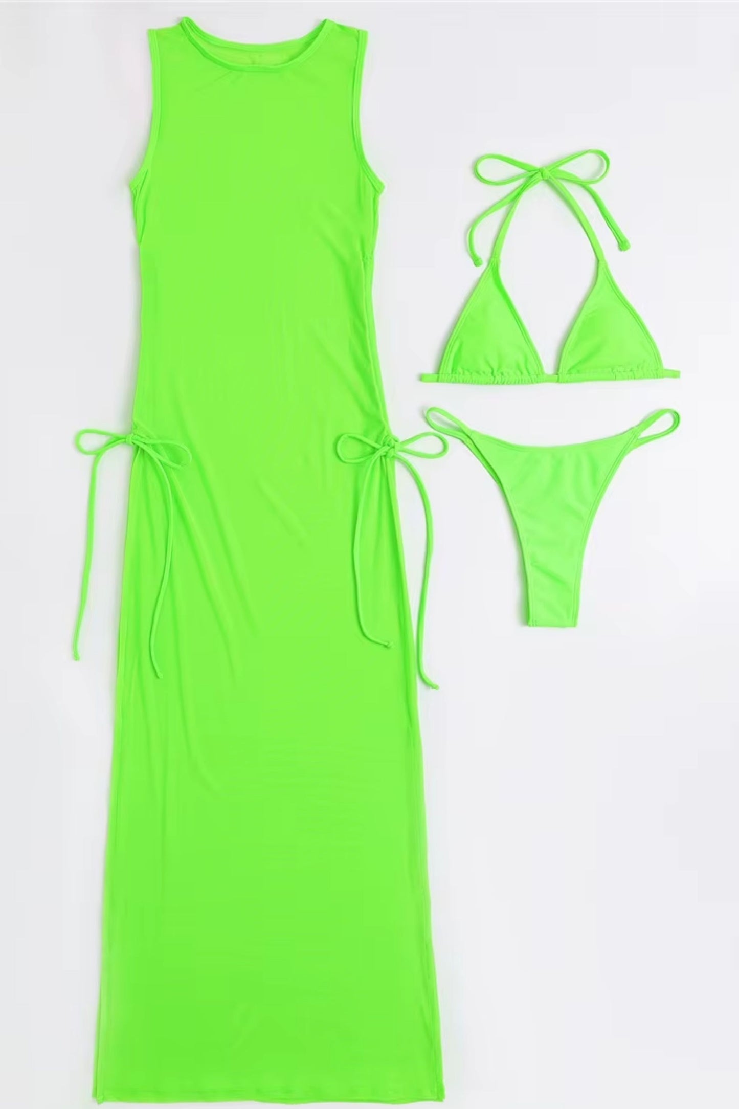 Sexy Women Mesh Swimwear – 3 Piece Bikini Set with High Leg Cut & Cover Up Dress