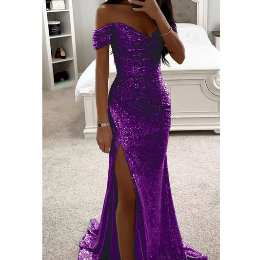 Elegant Sequined Slit Neck Maxi Evening Gown
