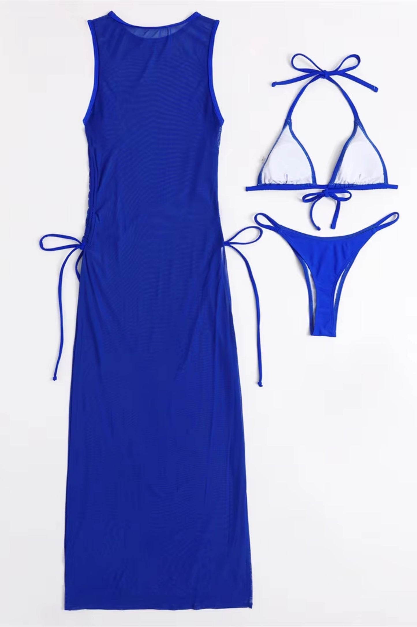 Sexy Women Mesh Swimwear – 3 Piece Bikini Set with High Leg Cut & Cover Up Dress