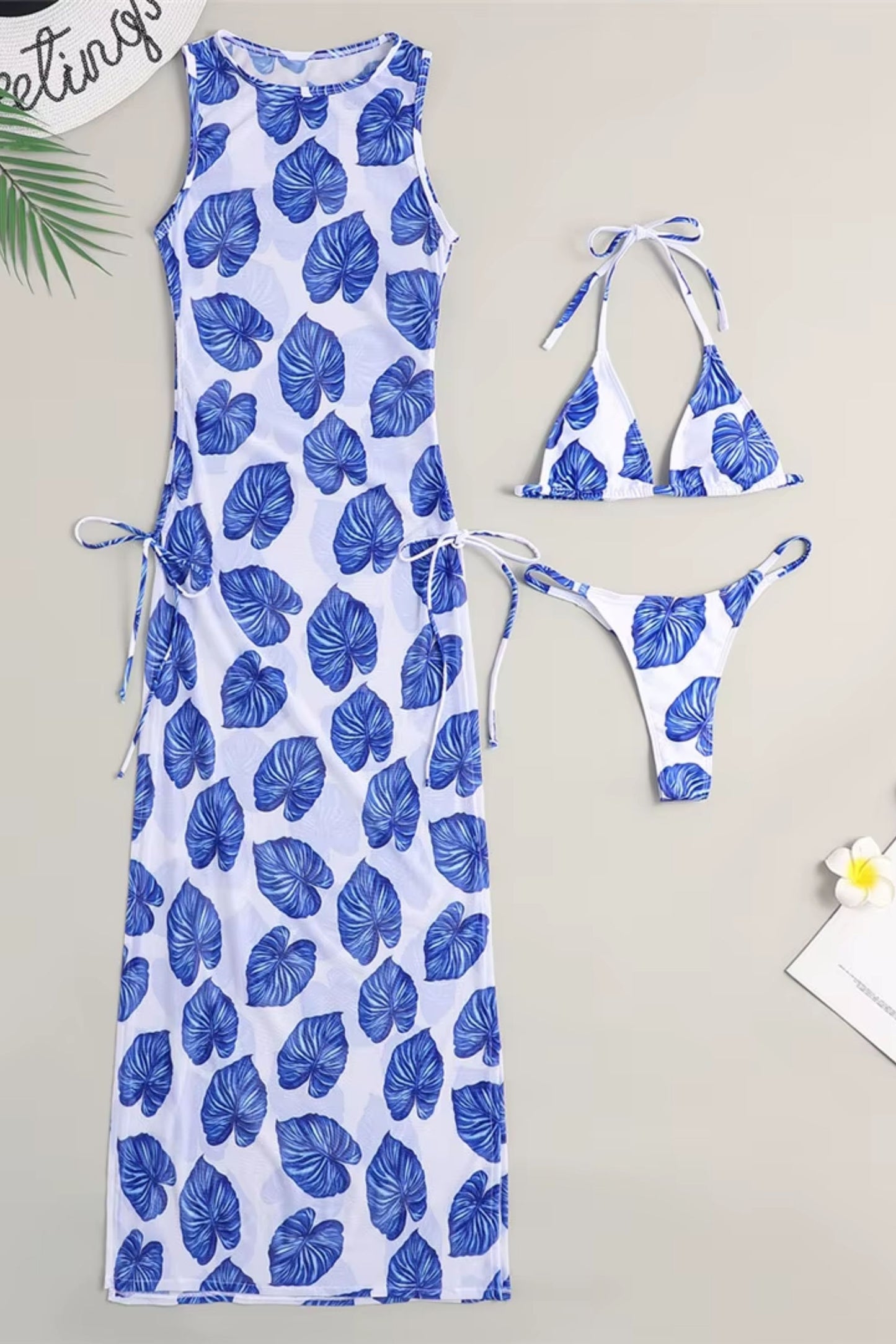 Sexy Women Mesh Swimwear – 3 Piece Bikini Set with High Leg Cut & Cover Up Dress