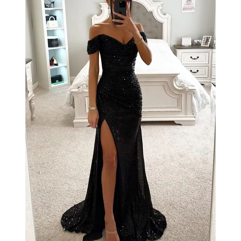 Elegant Sequined Slit Neck Maxi Evening Gown
