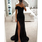 Elegant Sequined Slit Neck Maxi Evening Gown