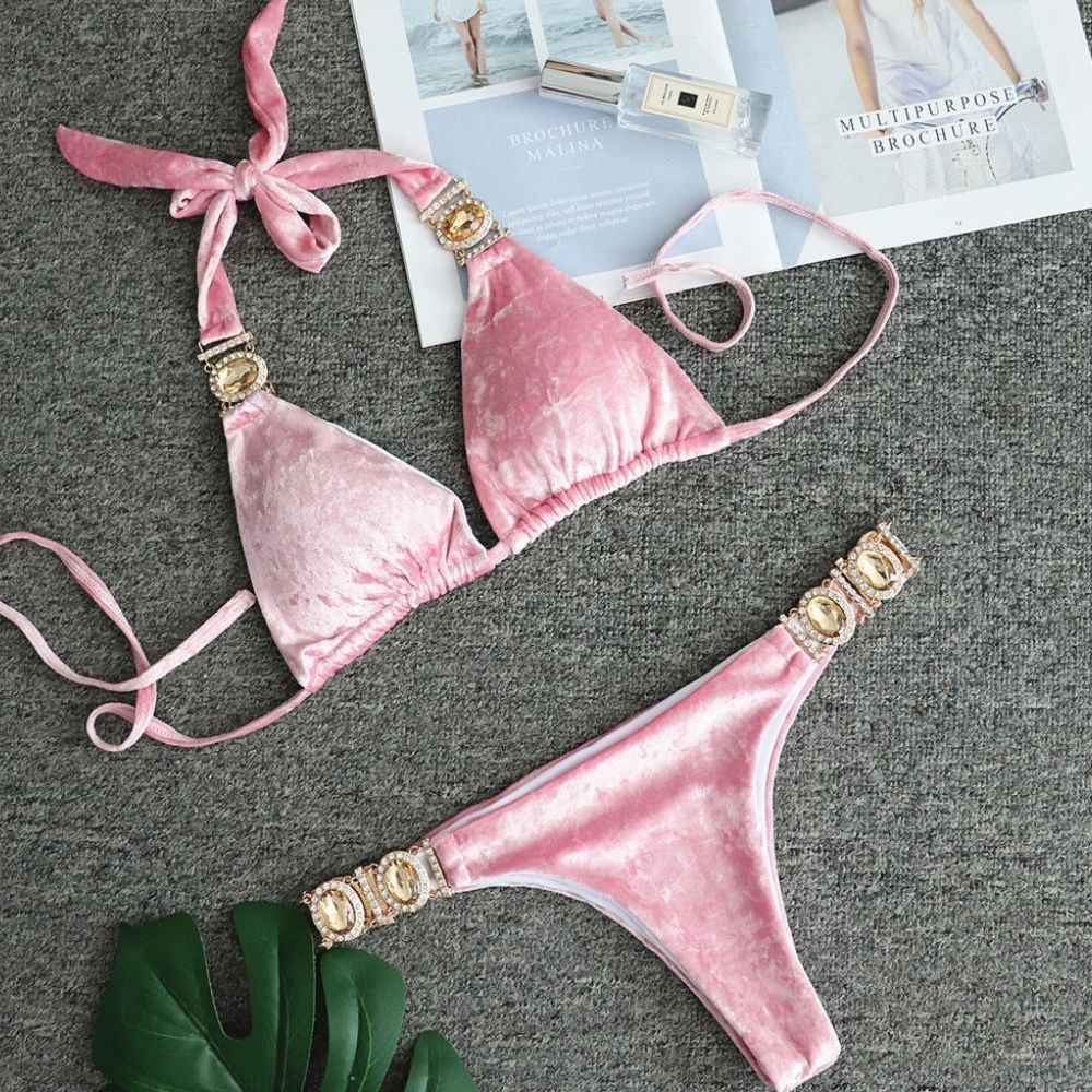 Pink Rhinestone Swimwear for Women – Velvet Bikini Set
