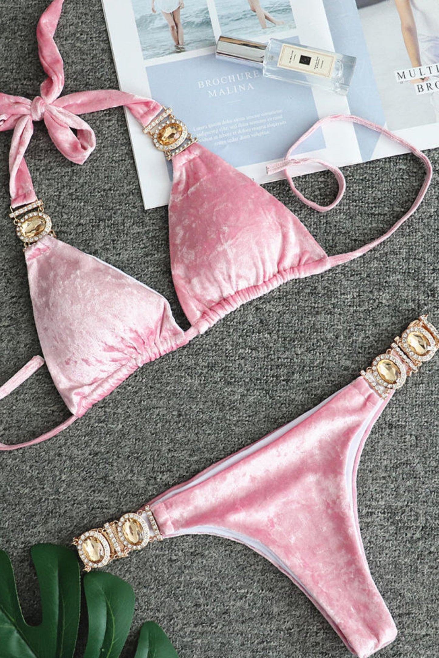 Pink Rhinestone Swimwear for Women – Velvet Bikini Set