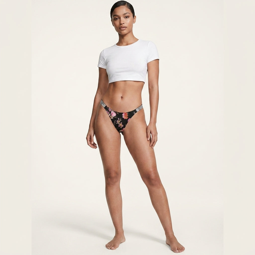 Women's Mid-Rise Thong Underwear with Rhinestone Strap