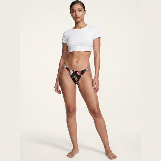 Women's Mid-Rise Thong Underwear with Rhinestone Strap