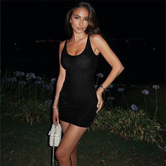 Womens Black Sexy Bodycon Embellished Mini Dress